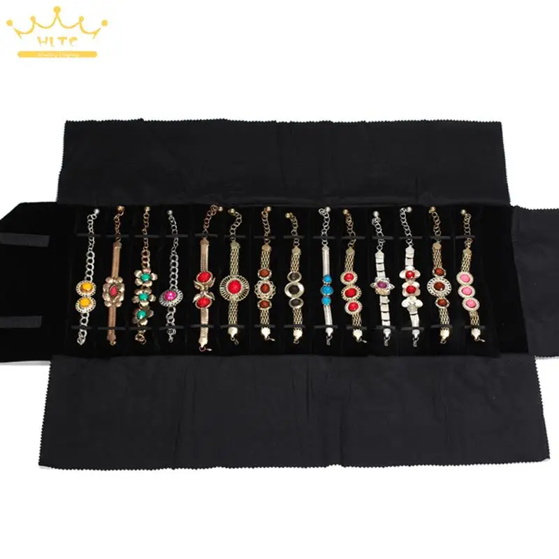 Portable Jewelry Roll Bag Watch Foldable Travel Storage Necklace Pendant Displays Hold Black Velvet 76*30CM