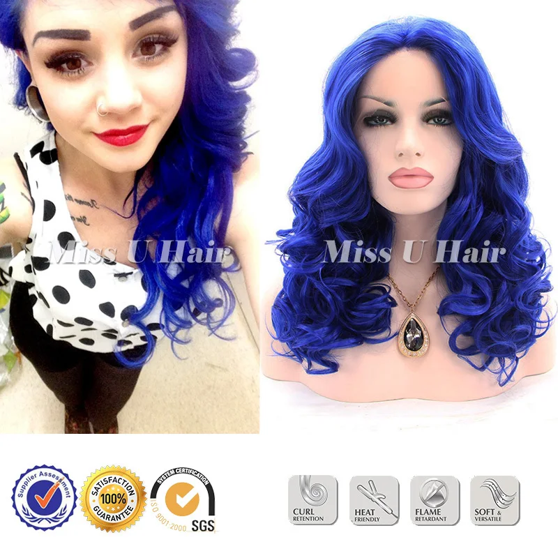 Dark blue wig high quality synthetic blue lace front wig cheap curly