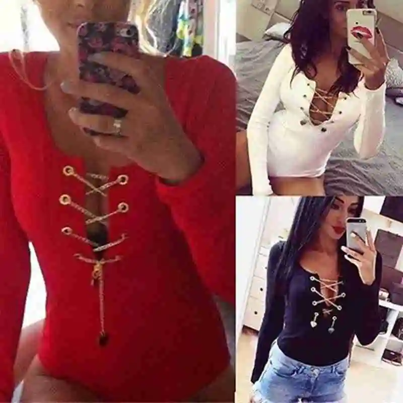 

Women's Fashion Sexy Leotard Top Bodysuit Ladies Casual Lace Up Plunge Long Sleeve Playsuit