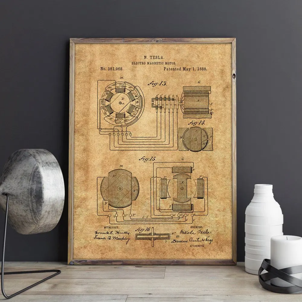 Nikola Tesla моторный патент, произведение искусства, Магнитный мотор стены искусства, плакаты, декор комнаты, печать, схема, идея подарка, украшения стены