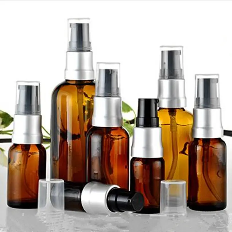 

5ml 10ml Amber Glass Lotion Pump Bottle 15ml 20ml Essential Oil Bottle Emulsion Women Makeup Tools Packaging F20171867