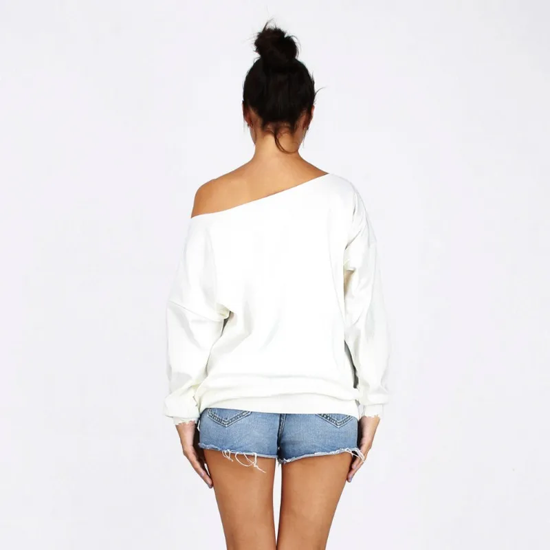  EXOTAO Sexy Women Off Shoulder Sweatshirts Loose Long Sleeve Hoodies Chic Feather Printing Pullover