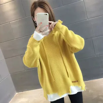

Loose Knitted Autumn Pullover Tops With Hood Women Casual Plus Size Hooded Sweaters Long Sleeve Knitting Oversized Pullovers Top