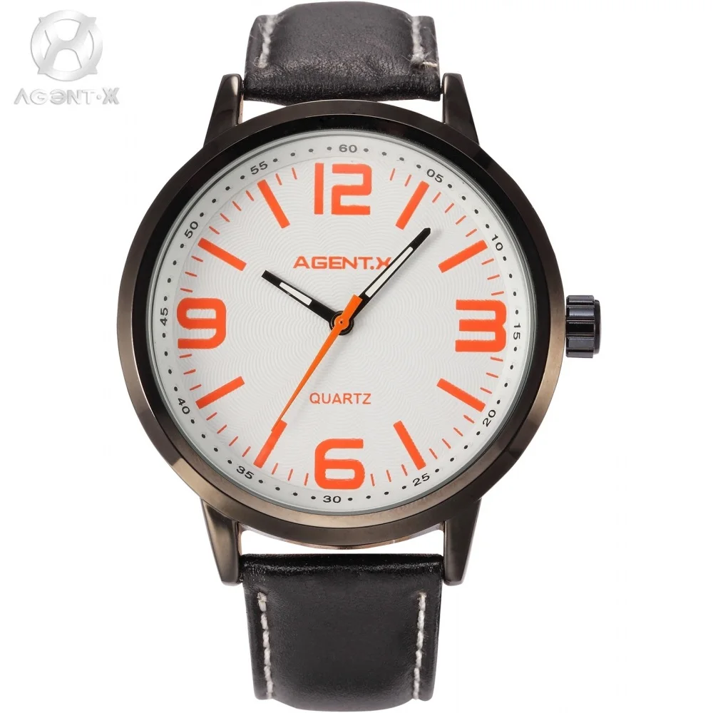 

AGENTX Luxury Stainless Steel White Orange Round Dial Relogio Black Case Leather Strap Analog Quartz Men Fashion Watch / AGX033