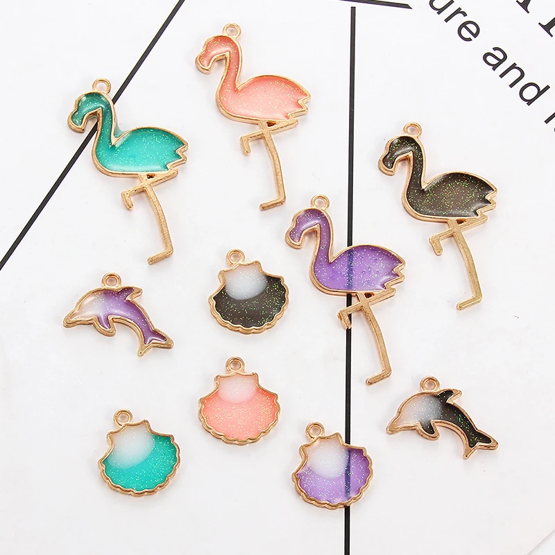 10 шт многоцветные эмалевые подвески из сплава фламинго, Дельфина, очаровательные ювелирные изделия ручной работы для ожерелья, браслета, подвески