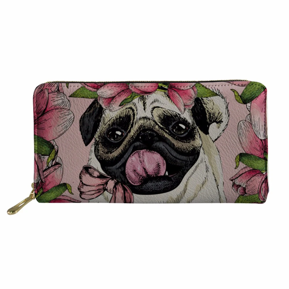 Pug Dog Print Wallets Women Long PU Leather Purse Ladies Phone Cash