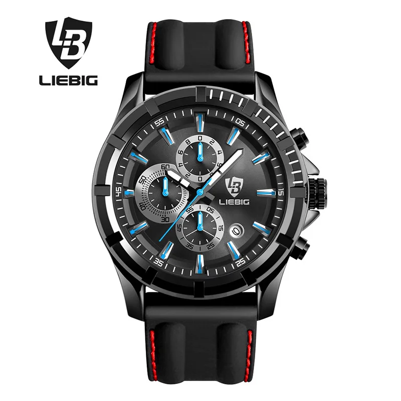 LIEBIG Men Fashion Quartz Wristwatches Complete Calendar 50M Waterproof Silicone Strap Sports Watches Relogio Masculino SX161016