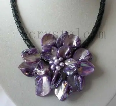 

real cultured Pearl purple Shell Flower Necklace Leather Cluster 18' Jewelry AAA style Fine Noble real Natural free shipping
