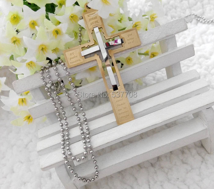 AMORUI Men's Stainless Steel Jesus Cross Statement Pendant Necklace Jewelry Gold +Silver Pray Words Necklaces Pendants for Women