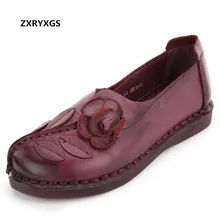 Ретро цветок из натуральной кожи обувь Женские туфли-лодочки Весна элегантный Женская комфортная обувь на плоской подошве Нескользящая модная обувь