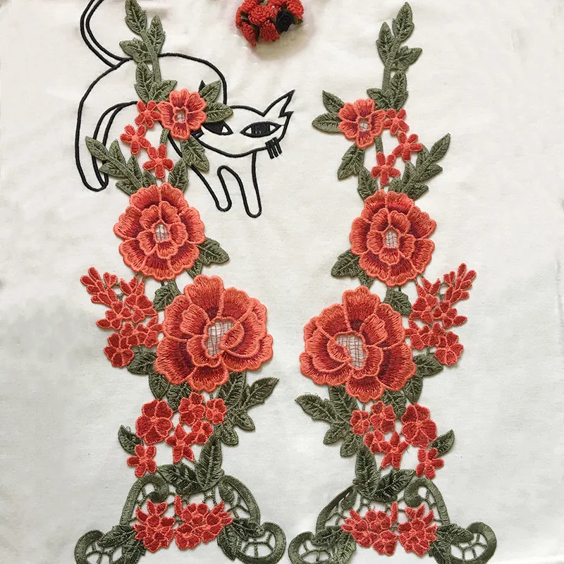 5pairs Red 41x15cm Dress Floral Embroidery Sewing Patches Lace Applique