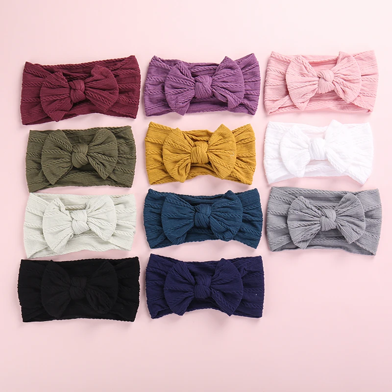 Newborn Baby Girls Cable Knitted Bows Nylon Headbands Knot Bow Wide Turban Head Bands Princess Soft Wraps | Детская одежда и обувь