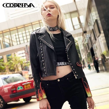 

New 2019 brand Winter Autumn Motorcycle Rivet leather jackets Flame Print leather jacket women Short coat slim PU jacket Leather