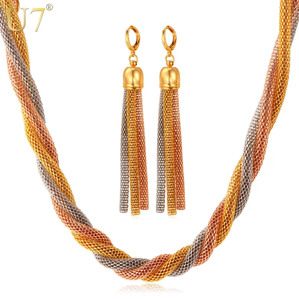 

U7 Unique Mesh Necklace Set Rose Gold Color Stainless Steel Trendy Women Necklace Long Earrings Party Jewelry Sets S610