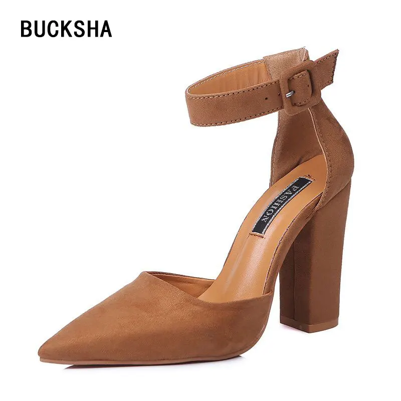 

BUCKSHA 10 cm High heels Sandals Shoes for Women Black Block Pumps ladies high heels Woman Causal Shoes Large Size 34-43