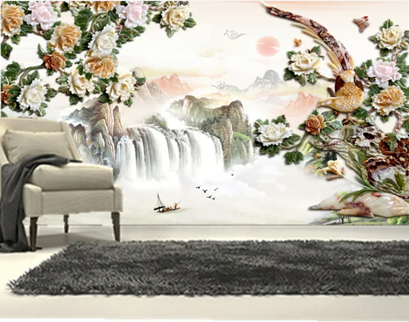 Us 29 0 Kustom Papel De Parede 3d Stereo Gaya Cina Bunga Jatuh Jade Mural Ruang Tamu Sofa Tv Dinding Kamar Tidur Wallpaper In Wallpaper From