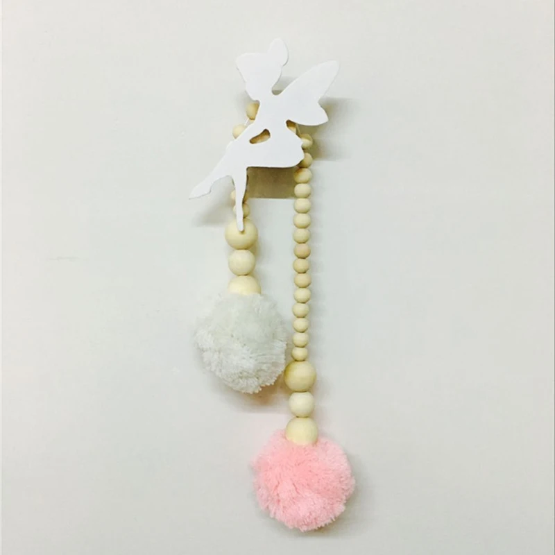 

Wooden Beads Chain With Pompom Modern Home Decoration Wall Hanging Ornament Kids & Girls's Bedroom Decoration Craft 42cm
