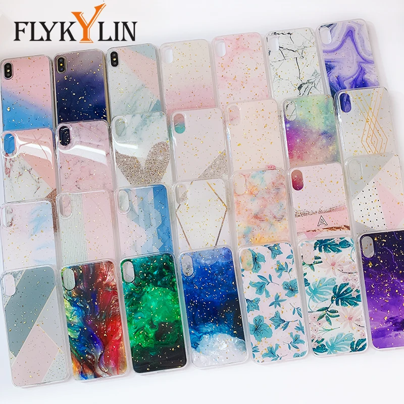 

FLYKYLIN Gold Foil Marble Case For iphone 8 Plus 7 6 S 6S X XR XS Max Back Cover Glitter Bling Silicone Phone Coque Cute Shell