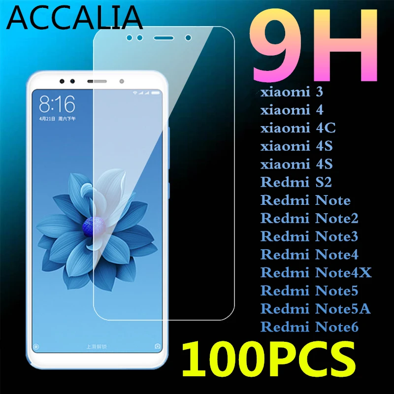 100 шт. 9H закаленное стекло для Xiaomi Mi3 4 c 4S пленка Redmi Note 2 3 4x5 5A 6 Phone 2.5D Защитная