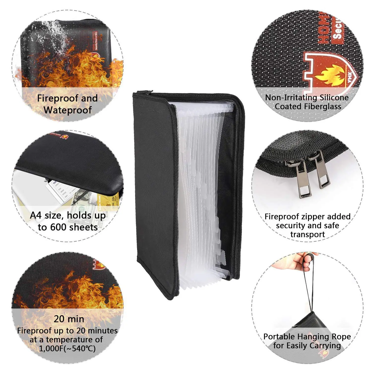 

Fireproof Files Folder Accordion Document Bags 14.3x9.8 inch A4 Size 12 Pockets Non-Itchy Silicone Coated Fire Resistant Safe