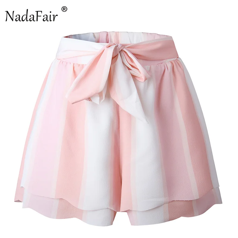 Nadafair повседневные летние шорты в полоску с завязками женские двухслойные шорты с принтом - Цвет: Розовый