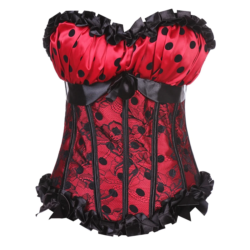 Zip Side Spaghetti Strap Corsets Bustiers Dots Print Lace Up Front