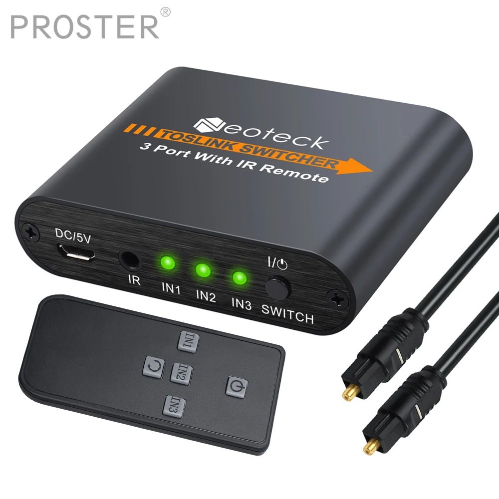 

Proster SPDIF/Toslink Switcher 3x1+Remote Digital converter Optical Audio Switcher support LPCM2.0/DTS/Dolby-AC3 Toslink cable