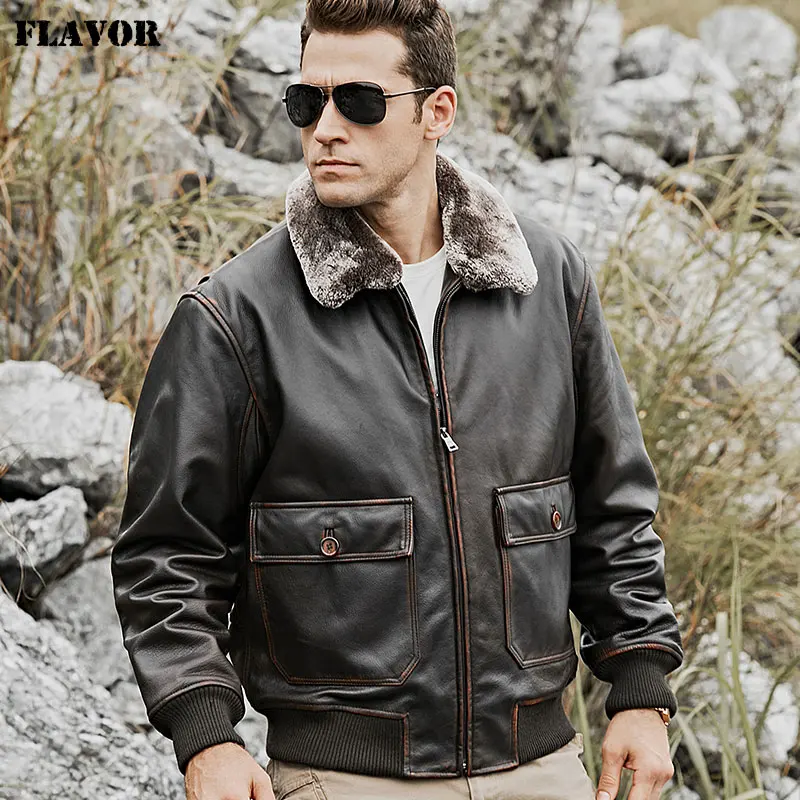 

FLAVOR Men's Bomber Real Cow Leather Jacket with Removable Fur Collar Warm Air Force Pilot Cowhide Leather Coat