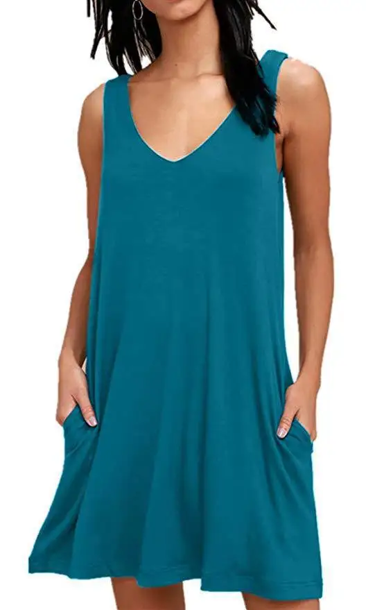 

Women's Summer Casual T-Shirt Dress Sleeveless Loose Pocket Large Size Dress Women's Beach Blouse Solid Color Pleated Tank Dress