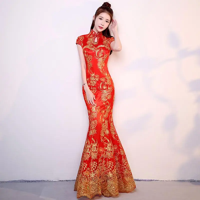 Китайский национальный русалка длинный Cheongsam для женщин Тонкий Блестки современный Qipao элегантный дамы вечернее платье размер S-3XL - Цвет: Style 4