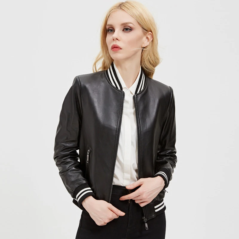 Women's Leather Jacket Spring Autumn Genuine Leather Baseball Jacket