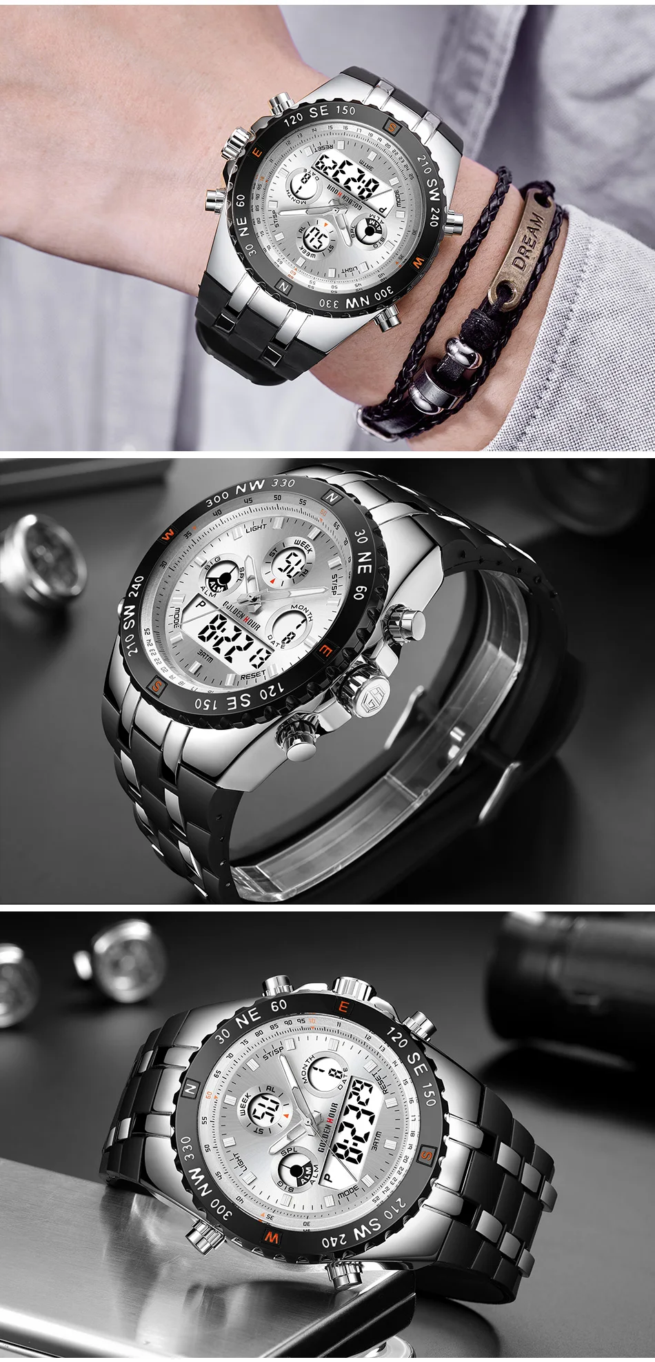 GOLDENHOUR Männer Sportuhren Analog Digital Dual Display Mann Outdoor Militär Schwarz Gummi Armbanduhr Leuchtend_voghion.com