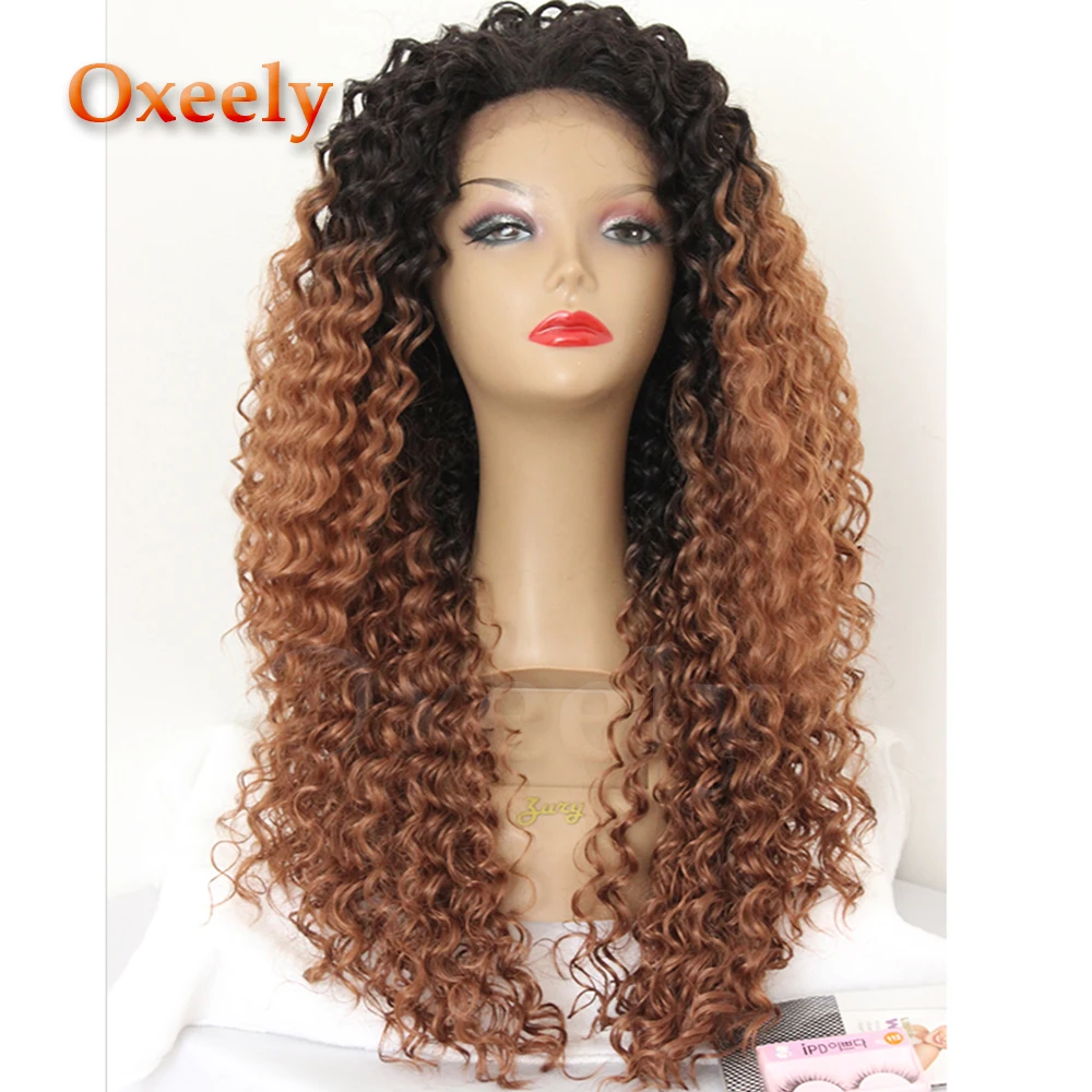 

Oxeely #30 Ombre Brown Kinkys Curly Hair Lace Front Wigs 180 Density Glueless Synthetic Lace Front Wigs Long Curly Wig