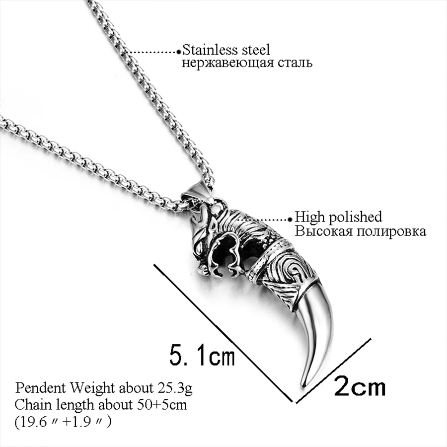 Punk Men Jewelry Tribal Stark Wolf Fang Pendant Necklaces size