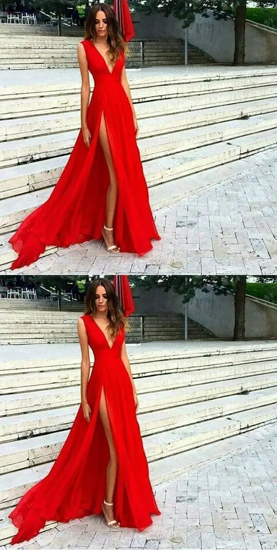 Сексуальные красные вечерние платья с глубоким v-образным вырезом, платья для выпускного вечера, длинные элегантные платья трапециевидной формы с высоким Боковым Разрезом