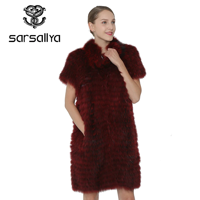 SARSALLYA зима Для женщин натуральным лисьим мехом жилет пальто Настоящее Silver Fox меховой жилет модная куртка Для женщин верхняя одежда пальто из норки - Цвет: Burgundy