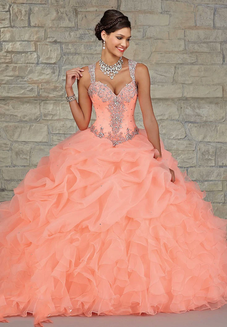 Peach Color Quinceanera Dress Ball Gown Ruffles Organza Crystals Beaded