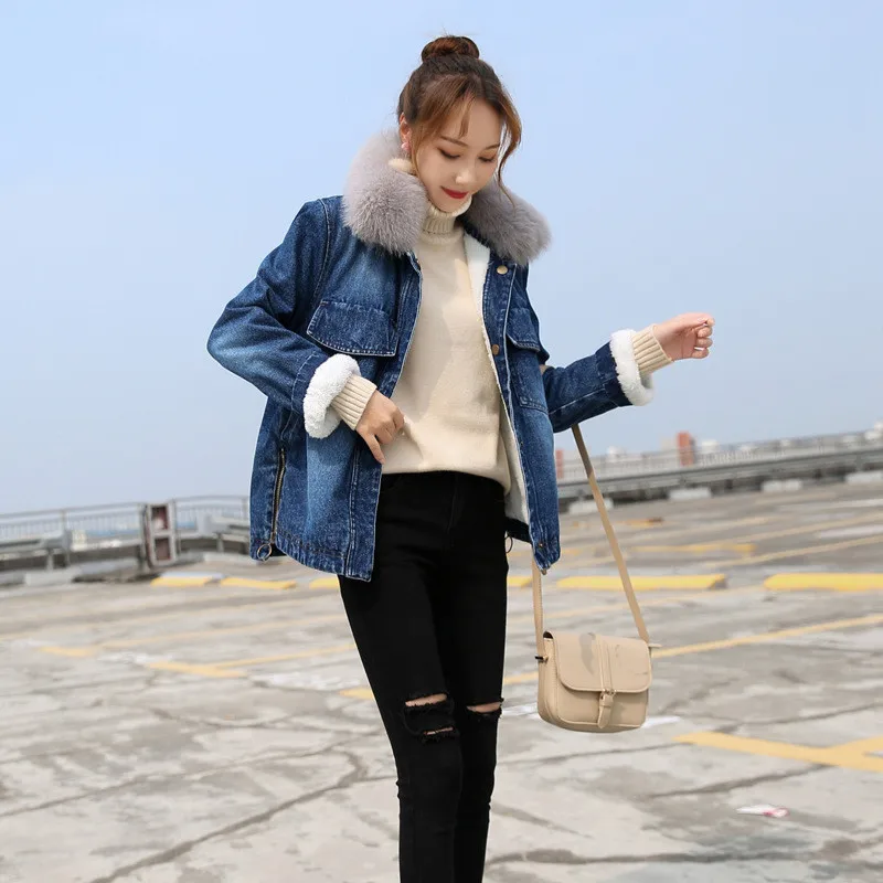 

Denim jacket with fur sexy women long autumn winter fashion 2018 warm jeans jacket fur female ladies faux fur coat KK2585 X