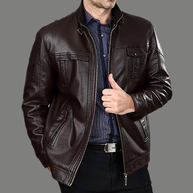 Осенние кожаные куртки для мужчин среднего возраста, модные зимние мужские куртки с толстым мехом, большие размеры, мужские кожаные пальто, хлопок, m-xxxl - Цвет: Dark brown