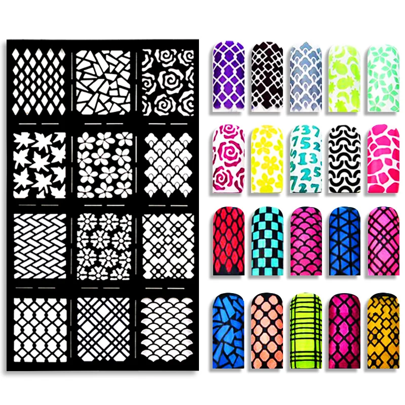 

Non-sticky Black Color Paper Hollow Nail Art Template Mixes Wave Rhombus Flower Shape Design Hollow Paper Template NJV