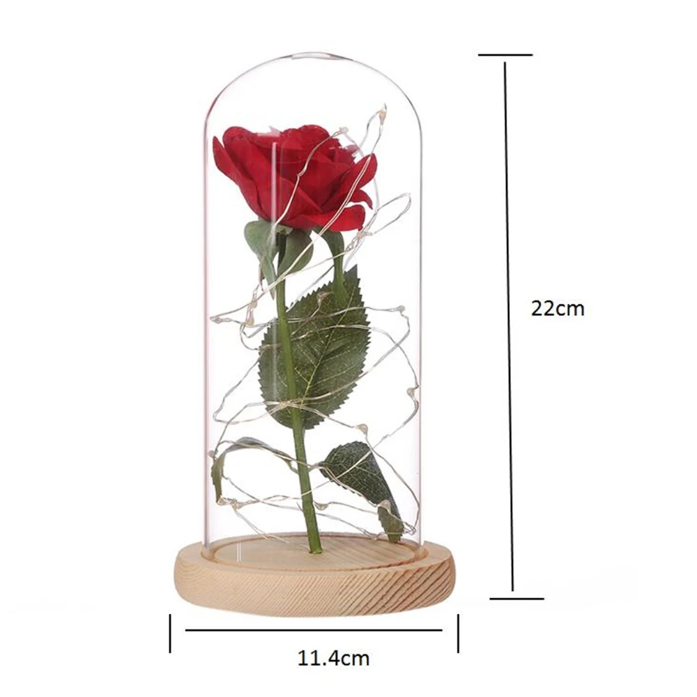 Beauty and The Beast Red Rose In A Glass Dome LED Light Wooden Base Valentine's Day Birthday Romantic Gift Decoration Belle Rose