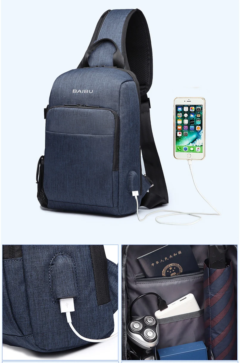 BAIBU многофункциональная нагрудная сумка мужская повседневная сумка через плечо usb зарядка нагрудная Сумка водоотталкивающая ipad сумка-мессенджер