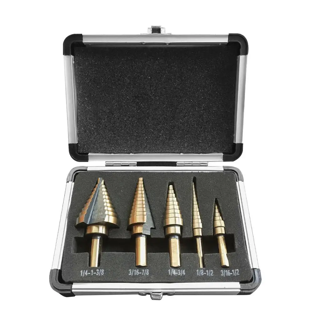 

5pc Large Cobalt Hss Step Titanium Cone Drill Hole Cutter Bit Multiple Hole 50 Sizes Step Drill Bit W/ Case Power Tool Drill Bit