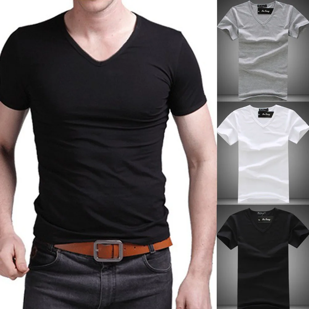 Модная летняя Мужская хлопковая футболка, Повседневная футболка с коротким рукавом и v-образным вырезом, черные белые футболки размера плюс M-XL
