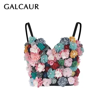

GALCAUR Flower Patchwork Sleeveless Sexy Women Vest Hit Colors Strapless Crop Top Female Casual Summer 2020 Fashion New Tide