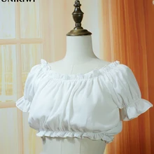 Kawaii женский сладкий Лолита с открытыми плечами оборками сна топ футболки. Девушки Дамы Slash шеи короткие бюстье укороченный топы тройник