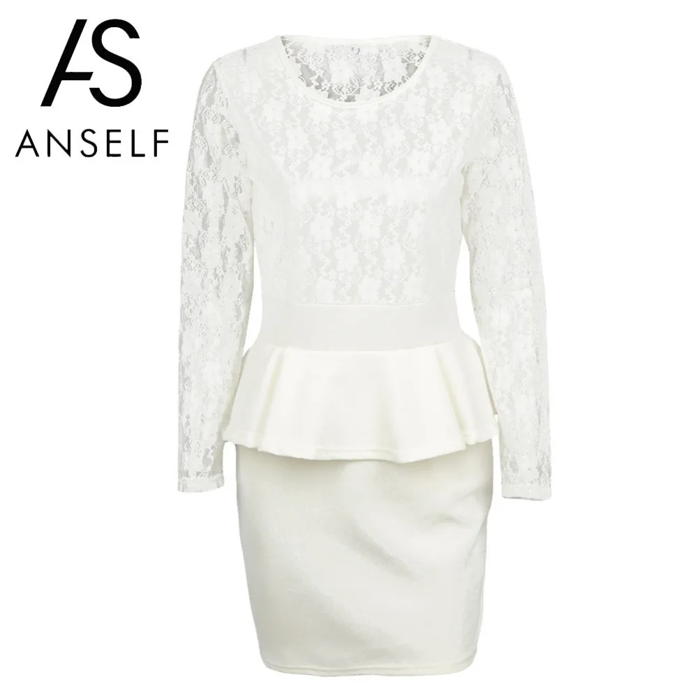 

Anself Sexy Women Bandage Bodycon Dress Lace Splice Peplum Waist Round Neck Ladies Dresses Long Sleeve Evening Party Mini Dress