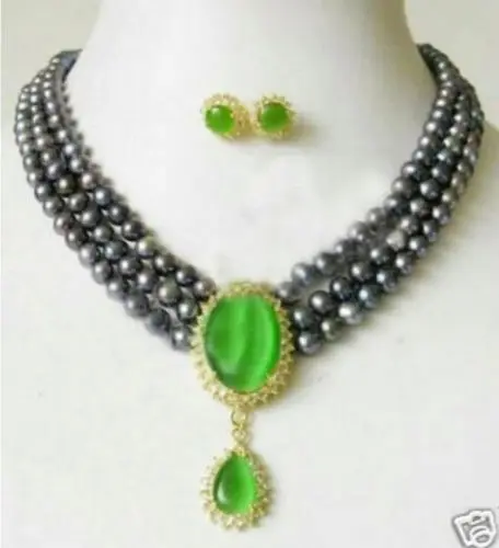 3 ряда Черный Akoya жемчуг и зеленый Jadeite кулон ожерелье 17 19&quot|Ювелирные наборы| |