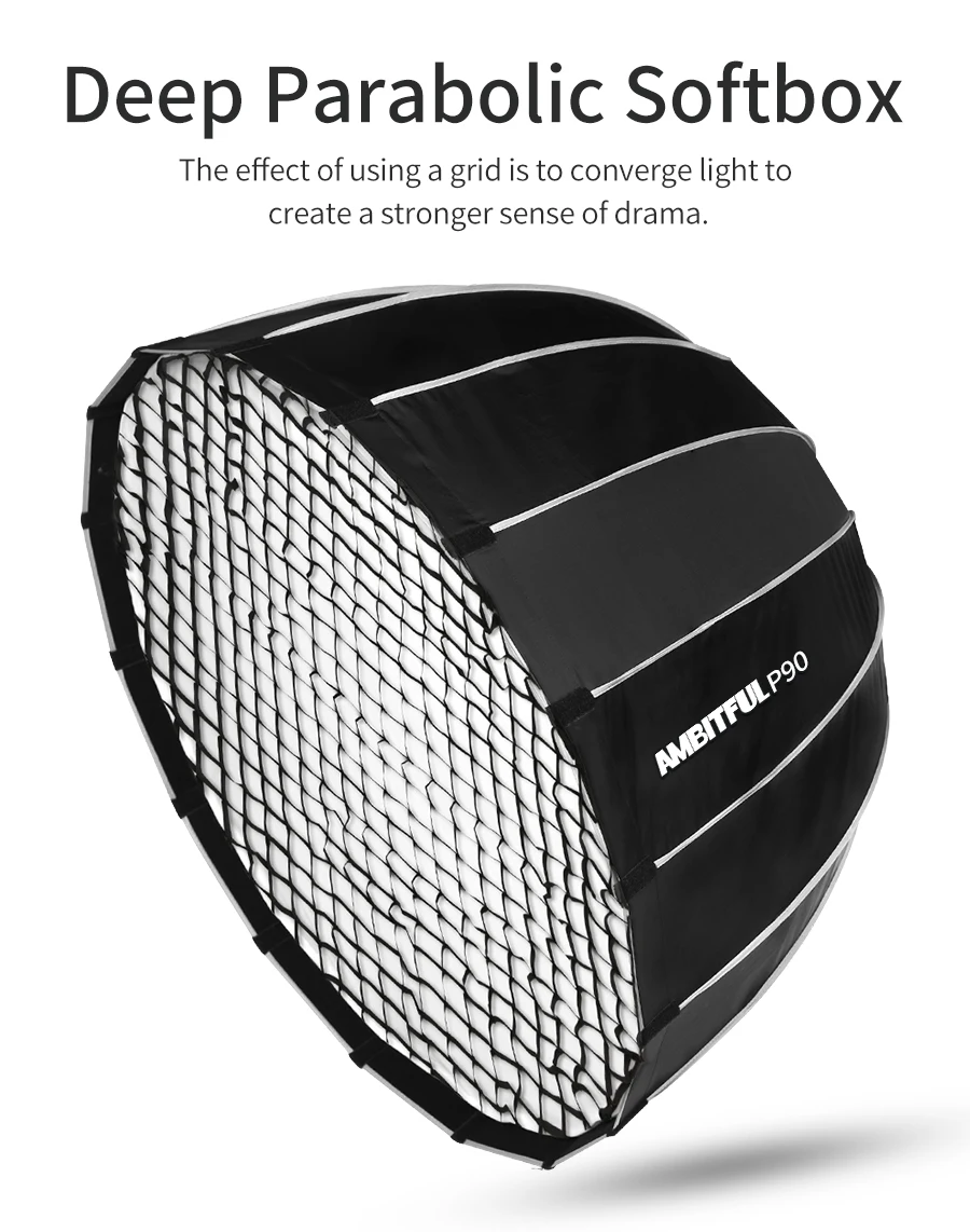 AMBITFUL портативный P90 90 см быстрая установка глубокий параболический софтбокс+ сотовая сетка для Elinchrom крепление Flash Softbox
