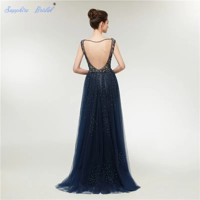 Сапфир люкс АРАБСКИЙ Robe De Soiree Темно-синие вечерние платья Abito Da Sera Сексуальная спинки бисером торжественное платье реальное изображение